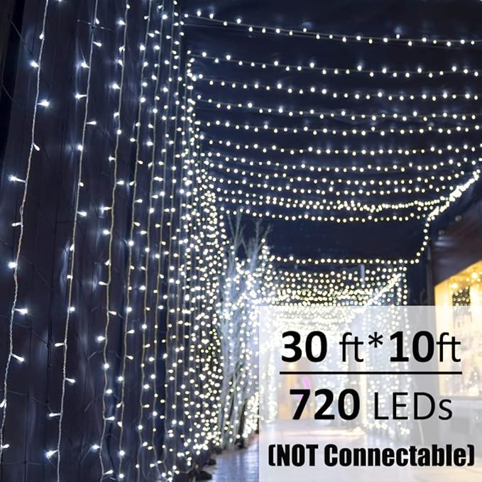 Solhice LED Curtain Lights Outdoor 30ft x10ft Cool White, 720 LED Plug in Hanging Christmas String Lights Indoor, Twinkle Light Backdrop for Outside Backyard Wedding Bedroom Decor (Not Connectable)