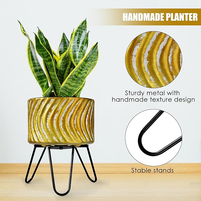 Harvest Land Plant Pots with Stand, Set of 2 Large Modern Planters Metal Tall Handmade Flower Pots with Drainage Holes Indoor Outdoor,Gold