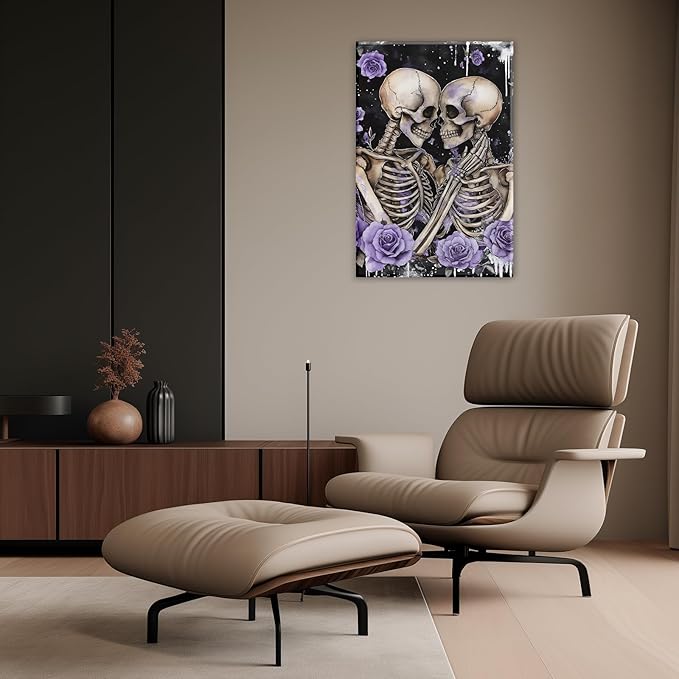 Skull Canvas Wall Art Couple Skeleton Holding Each Other Picture Art Poster Abstract Lover Painting Modern Artwork Horrible Halloween Decor(Artwork-2,12"x18")
