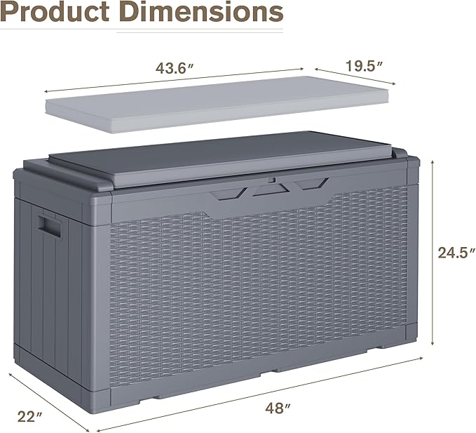 JUMMICO 100 Gallon Resin Deck Box with Cushion, Waterproof Outdoor Storage Box with Lockable Lid for Garden Tools, Patio Cushions (Gray)