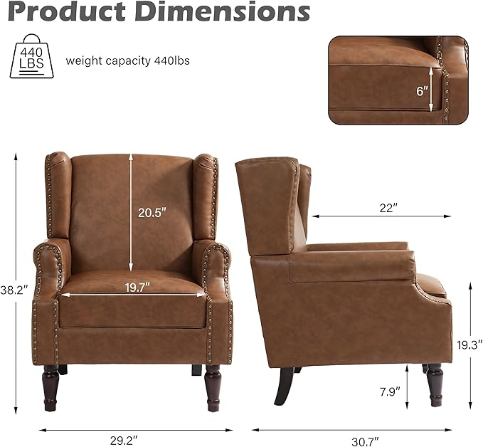 UIXE PU Leather High Back Accent Chairs Set of 2, Upholstered Armchair for Living Room, Retro Wingback Arm Chair Nailhead Trim Single Sofa Bedroom Reading Seat - Brown
