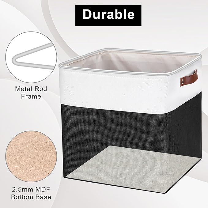 13x13 Cube Storage Bins, Collapsible Fabric Storage Box, 4 Pack Closet Baskets with Handles for Organizing, Shelf, Toys, Clothes, Home, Office, Nursery (Black&White)