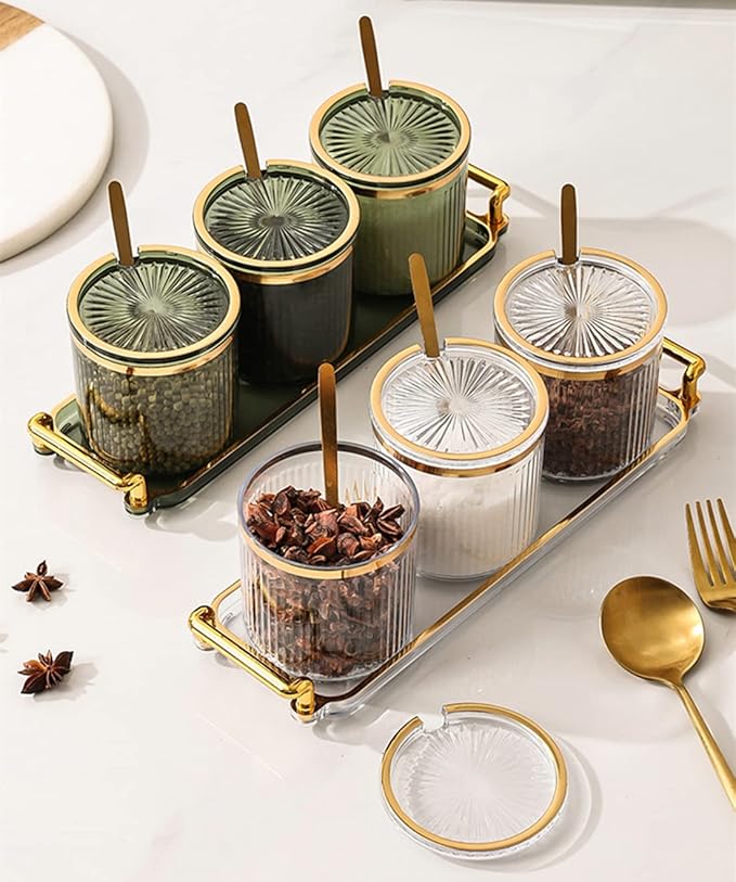 Acrylic Condiment Spice Jars,Condiment Spice Box With Lids and Spoons and Tray,Clear Plastic Condiment Canisters,Seasoning Box 4 Pack,Seasoning Box Set for Kitchen to Storage Salt,Paprika,Sugar