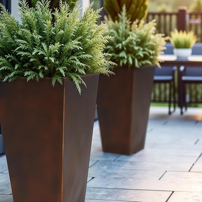 WORTH Garden Large Metal Planter Set of 2 (25" & 28" H.), Matte Bronze Retro Finish Tall Square Tapered Steel Plant Pots, Decor Flower Pot Indoor & Outdoor, Drainage Hole & Dual-Purpose Plant Saucer