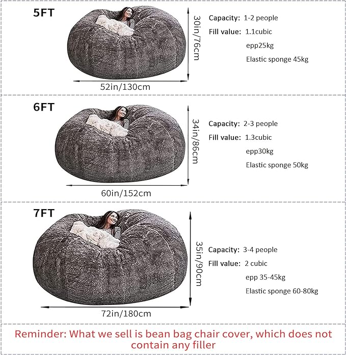 Big Huge Giant Bean Bag Chair for Adults, (No Filler) Bean Bag Chairs in Multiple Sizes and Colors Giant Foam-Filling Required- Machine Washable Covers, Double Stitched Seams (Snow Gray,7FT)
