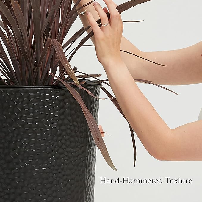 Worth Garden 2-Pack 25" H. Metal Planter with 2X Inside Pots - Hand-Hammered Texture Tall Tapered Plant Pots - Large Handcrafted Flower Pot for Indoor Outdoor, Deck, Patio, Front Porch (Black)