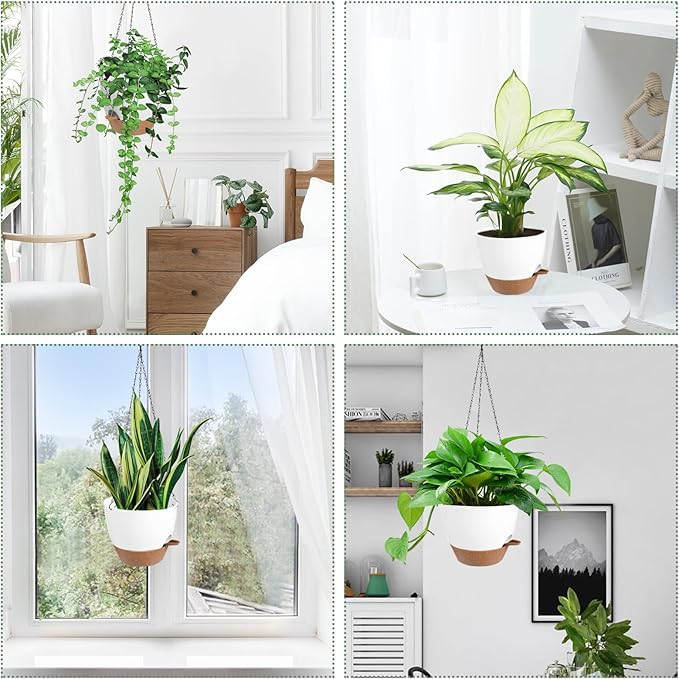 Hanging Planters for Indoor Outdoor Plants, 2 Pack Self Watering Hanging Pot with Drainage Holes & Removable Tray (White, 6'')