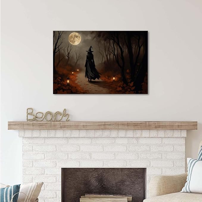 Moonlight witch poster dim lantern Halloween decoration Gothic style dark retro college style canvas wall art suitable for living room bedroom8x12in Wood Framed