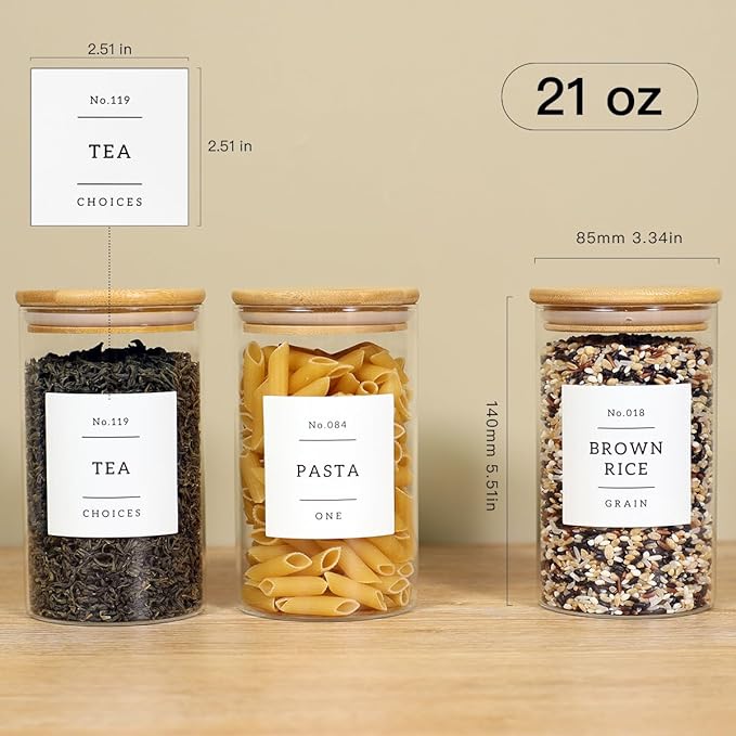 8 Pack Glass Jar with Airtight Bamboo Lid and White 132 Kichen Pantry Labels Preprinted - 21 Oz Clear Round Glass Food Storage Containers set For Tea Coffee Sugar Spice