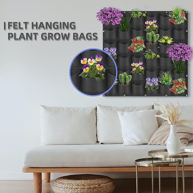 36 Pockets Hanging Planter Bags, Hanging Vertical Wall Mounted Plant Planting Grow Bags, Herb Garden Planter Outdoor Indoor Growing Bag, Gardening Vertical Greening Flower Container(1m×1m, Black)