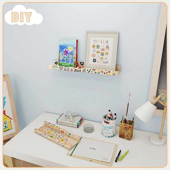 Fun Memories Picture Ledge Shelf for Wall, 36 inch Pine Wood Nursery Book Shelves Set of 2- Wall Book Shelves for Kids Room, Home Decor - Kitchen Spice-Natural