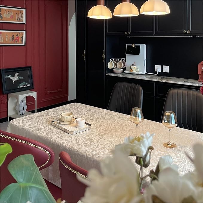 Jacquard Rectangle Tablecloth, Floral Design Thick Kitchen Dining Table Cloth, Waterproof Wrinkle Free Decorative Fabric Table Cover for Outdoor and Indoor, 84x60 Inch Milky White