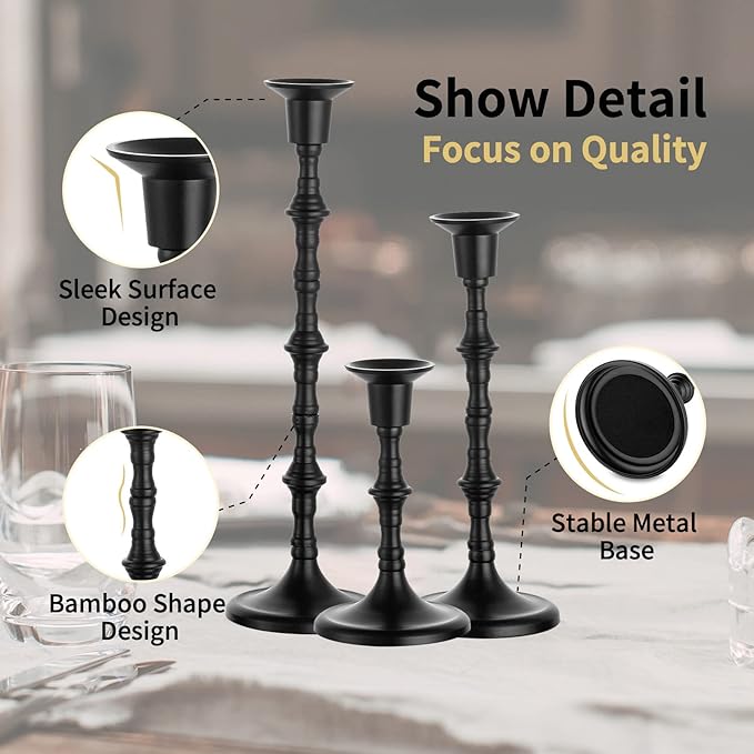 Nuptio Black Candle Holder Set of 3 Gothic Candlestick Holders for Taper Candles Metal Candle Sticks Candleholders Table Centerpieces for Dining Room Wedding Home Halloween Farmhouse Fireplace