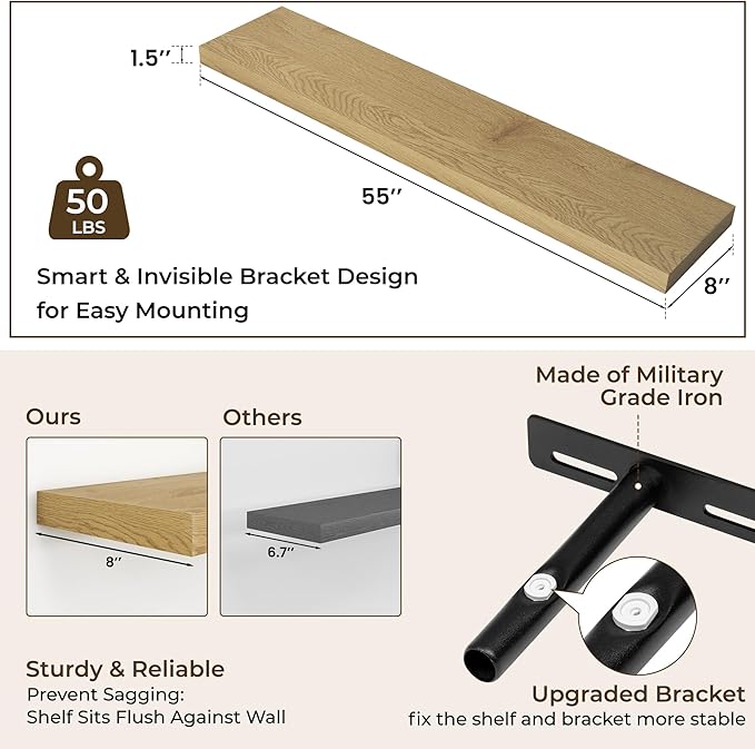 RICHFOCUS 55Inch Floating Shelves for Wall 2 Pack Shelves for Bedroom|Kitchen|Bathroom Wall Mounted Rustic Wood Floating Shelf with Invisible Brackets for Books|Storage|Decor, Oak