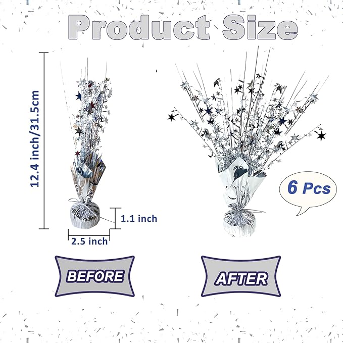 6 Pack Metallic Foil Spray Centerpiece Star Table Decoration Burst Table Centerpieces for Birthday Wedding Anniversary Graduation Holiday Party Supplies Decor, Silver