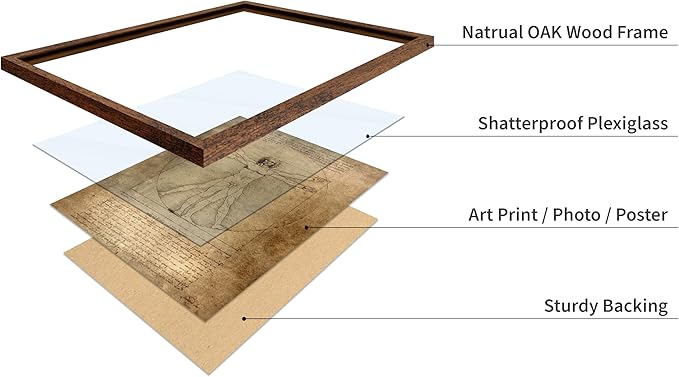 Poster Master Classic Leonardo Da Vinci Poster - Vintage Renaissance Print - Gift for Artist, Friend - Vitruvian Man, Proportion, Symmetry, Human Body - Wall Decor for Office, 8x10 Brown Framed