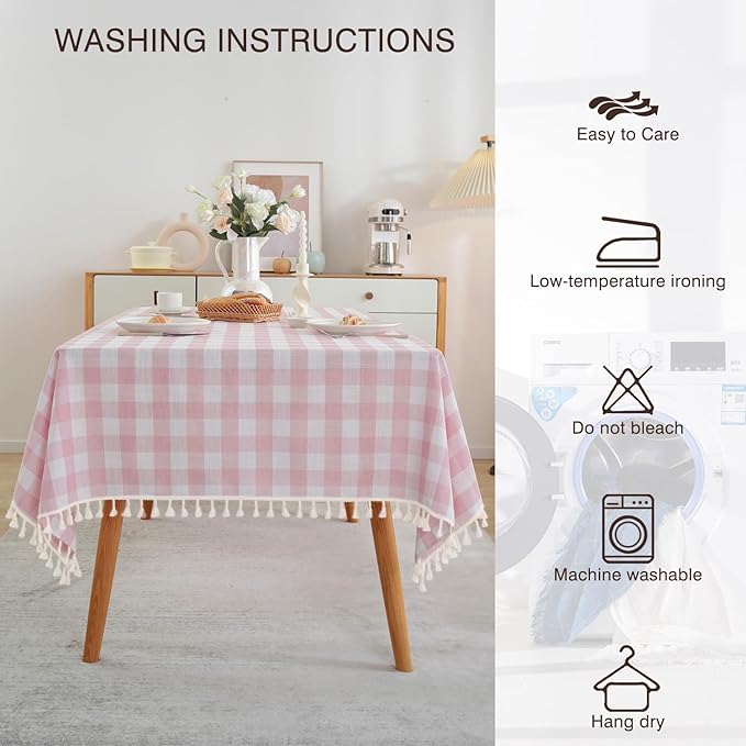 JIALE Gingham Tablecloth Rectangle Cotton Linen Fabric Checkered Table Cloth with Tassel Washable Wrinkle Free Buffalo Plaid Table Cover for Valentines Day Spring Picnic Kitchen Dining, Pink, 55x90''