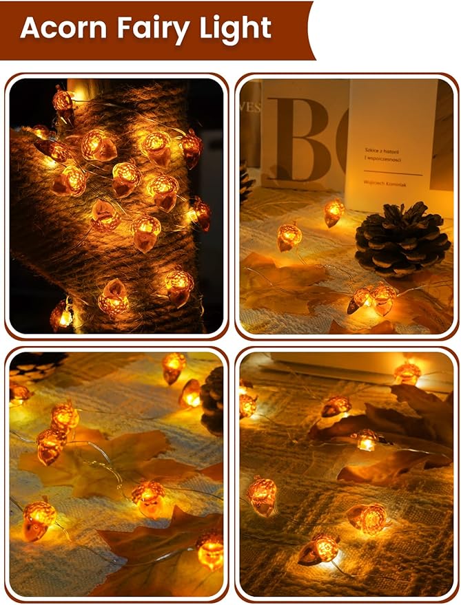 2 Pack 60LED Fall Decoration Acorn String Light Battery Operated, 20FT Fall Lights with Remote, Waterproof 8 Modes Fairy Lights for Autumn Harvest Thanksgiving Halloween Decor