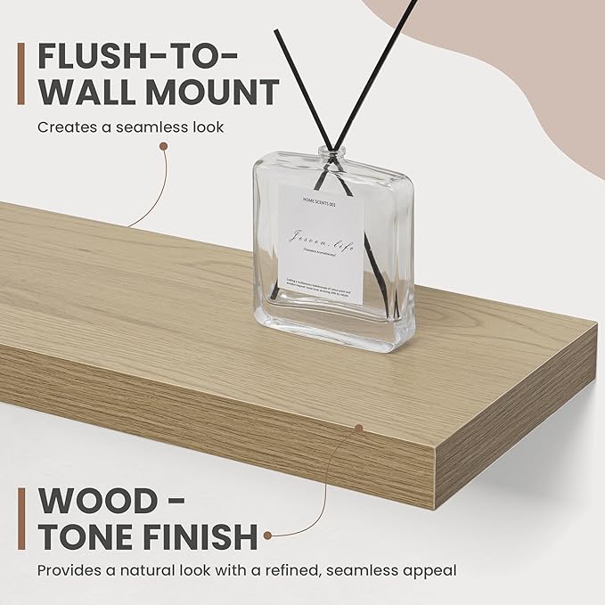 16 Inch Floating Shelves, 8 Inch Deep Floating Shelves for Wall, Hanging Shelf with Invisible Brackets, Deep Shelves for Bathroom, Bedroom, Living Room, Oak, Set of 2