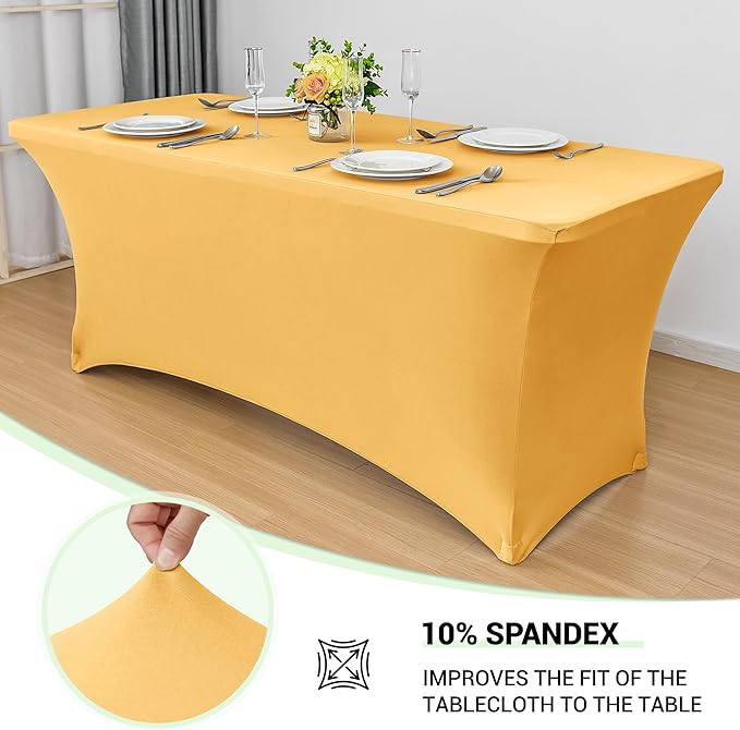Obstal 4Ft Stretch Spandex Table Cover for Standard Folding Tables - 2 Pack Universal Rectangular Fitted Tablecloth for Party, Banquet, Events, Trade Show (Gold, 48L x 24W x 30H Inches)