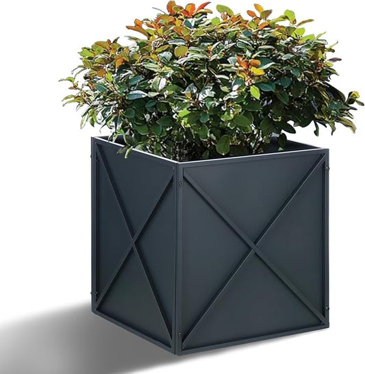 BAYN Metal Square Planter Box Tall Planters for Outdoor Plants Modern Heavy Duty with Drainage Holes for Outside Indoor Patio Deck - Grey, 17”x 17”x 18”