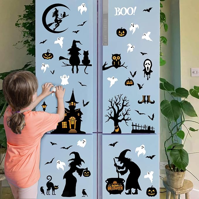 150 Pcs Halloween Window Clings Bats Witches with Cauldron Halloween Window Decoration | Large-Size Double-Side Skeletons Windo Clings Hallowee Party Decoration Reusable & Removable