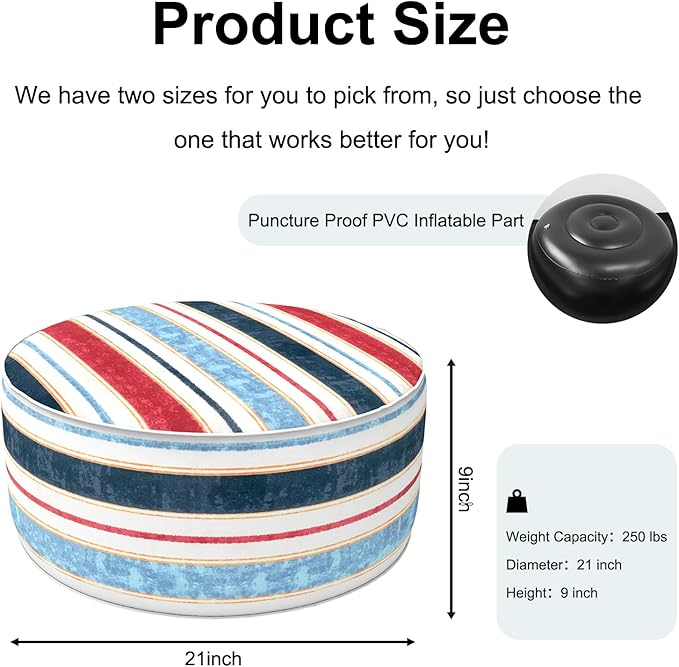 Inflatable Ottoman Stool D21 xH9 for Outdoor/Indoor Use, Water Repellent Patio Foot Rest Stool with Portable Handle,Round Pouf Ottoman Suitable for Garden,Deck and Camping - Stripe Red Blue