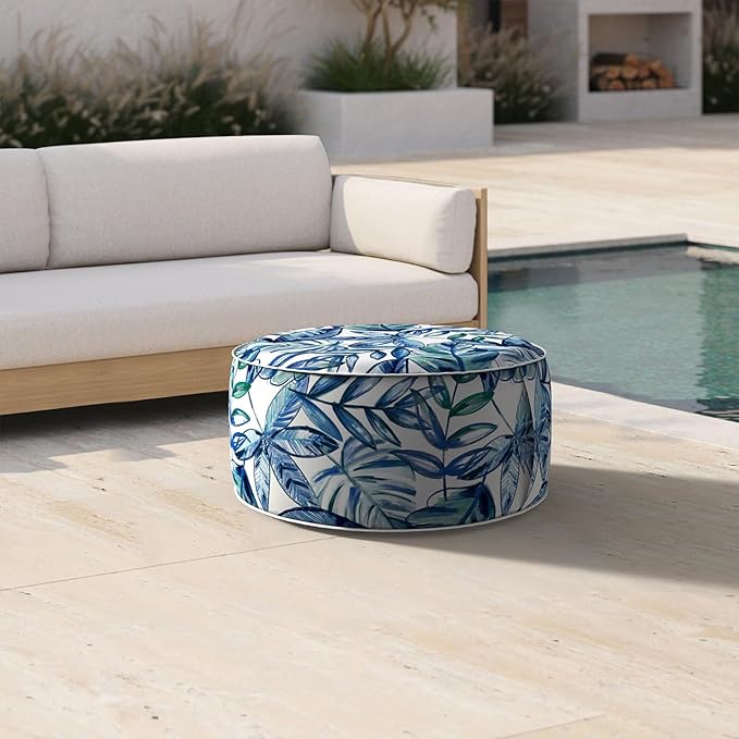 Inflatable Ottoman Stool D21 xH9 for Outdoor/Indoor Use, Water Repellent Patio Foot Rest Stool with Portable Handle,Round Pouf Ottoman Suitable for Garden,Deck and Camping - Leaves Ink Blue