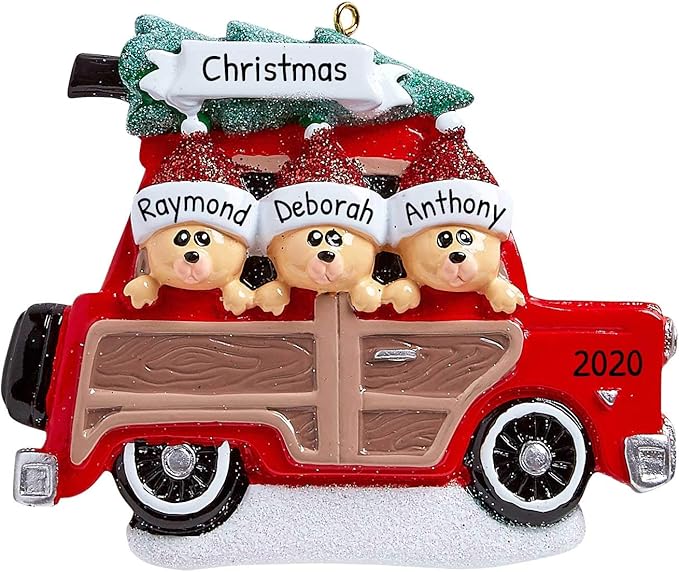 3D Road Trip Bears Family of 3 Ornament 2025 Personalized Family Christmas Ornaments 2025 | Snowy Tree Red Truck Personalized Tree Ornaments for Grandchildren, Siblings & Grandkids of Three Ornament