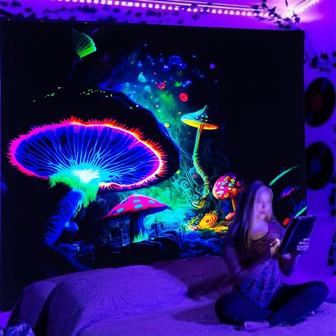 Blacklight Mushroom Tapestry Glow In The Dark Fantasy Forest Tapestry UV Reactive Magic Tapestries Wall Hanging Decor for Bedroom Dorm Living Room (35" x 47")