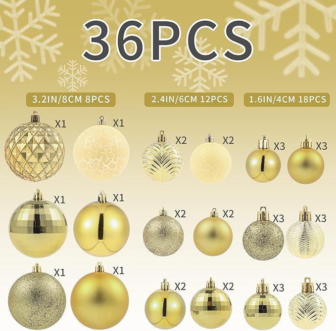 LANGXUN 36pcs Gold Christmas Tree Decorations Balls, Bolas De Navidad, 2025 Christmas Decor, Indoor Outdoor Shatterproof Christmas Ornaments, Xmars Party Wedding Suppiles