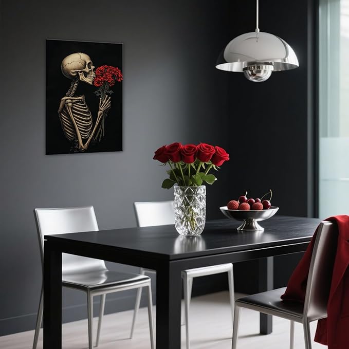 OAAPITI Red Rose Skull Wall Art Dark Themed Skeleton Painting Modern Artwork for Gothic Home Decor(Artwork-5,12"x18")