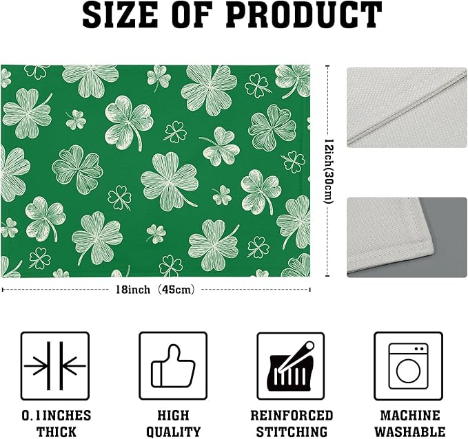 St. Patrick's Day Placemats Set of 4 Spring Holiday Green Shamrock Washable Non-Slip Heat Resistant Place Mats 12x18 Inch Rustic Linen Table Mats for Kitchen Dining Party Decor