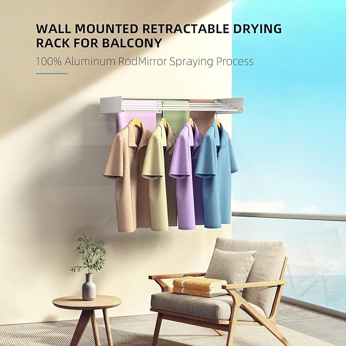 Laundry Drying Rack, Collapsible Wall Mounted Clothes Drying Rack - Drying Rack Clothing Foldable,Space Saving, 31.5" Wide, 13.2 Linear Ft, 5 Aluminum Rods, 60 lb Capacity (White, 31.5")