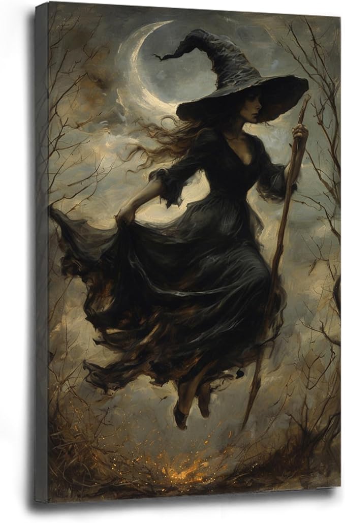 Witch in the Forest Halloween Print Wall Art Poster Witch Decor Vintage Print Dark College Wall Art Victorian Gothic Room Decor Canvas Wall Print24x36in Wood Framed