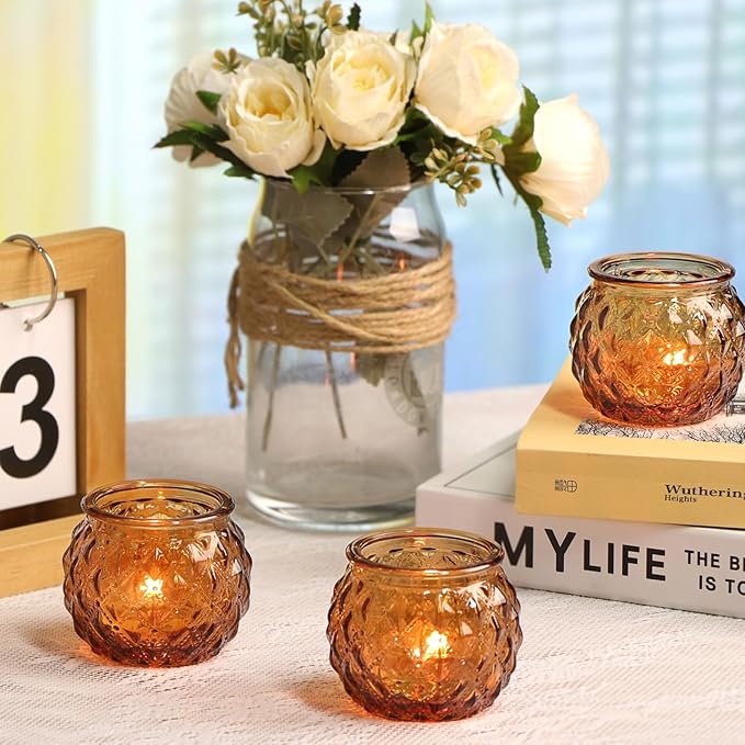 Amber Votive Candle Holders Set of 24 - Round Glass Candle Holders for Table Centerpiece, Tea Lights for Home & Vintage Wedding Decorations