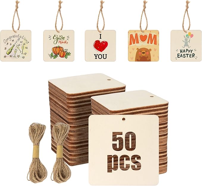 50 Pcs Square Wooden Tags, 3x3 Inch Unfinished Square Wood Slices Blank Square Wooden Slices with Holes, with Jute Twines for Sign Tags Home Party Hanging Decoration