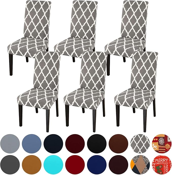 JQinHome Chair Covers for Dining Room 6 Pack, High Stretch Removable Washable Parsons Chair Slipcover for Home Party Hotel Wedding Ceremony (Grey White)