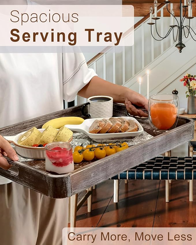 22 Inch Rustic Wood Serving Tray with Handles, Large Rectangular Wooden Ottoman Tray, Beautiful Home Décor for Living Room Coffee Table Couch, Ideal for Serving Food Breakfast BBQ Parties