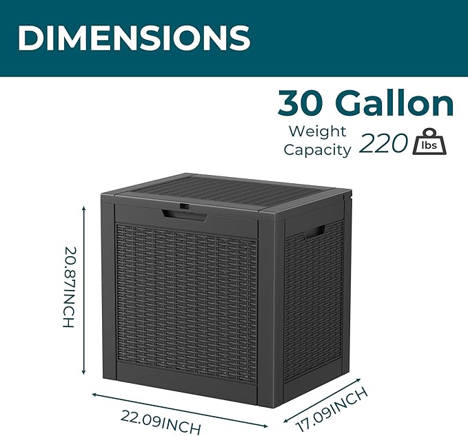 Vixzen 31 Gallon Resin Deck Box - Lockable Outdoor Storage for Patio Cushions, Garden Tools, Pool Supplies，Black