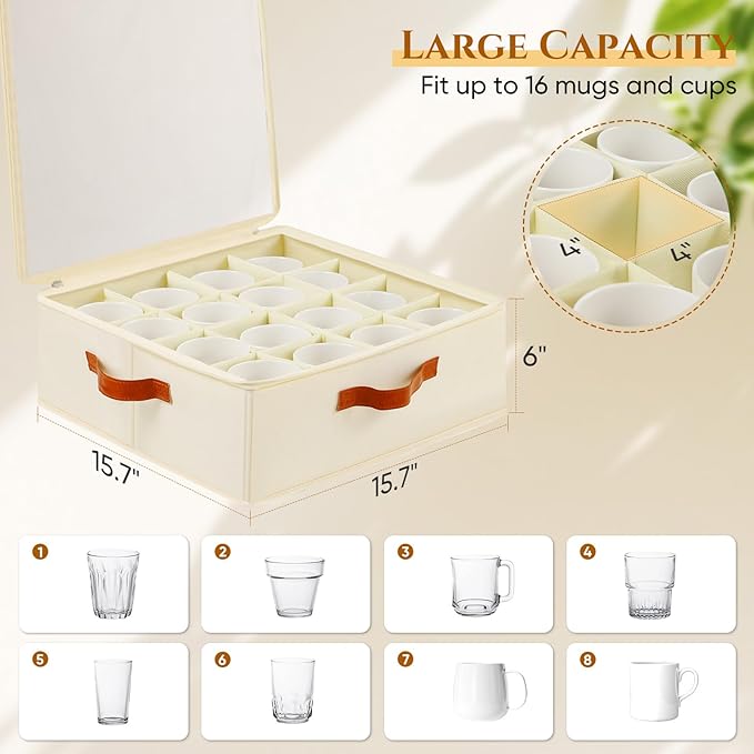 2 Pack Cup and Mug Storage Box with Dividers and Hard Shell, Stackable Coffee Cup Storage Organizer with Lid, Zipper, and Handles for Coffee Mugs, Cups, Glasses, Stemware Storage Containers for Moving