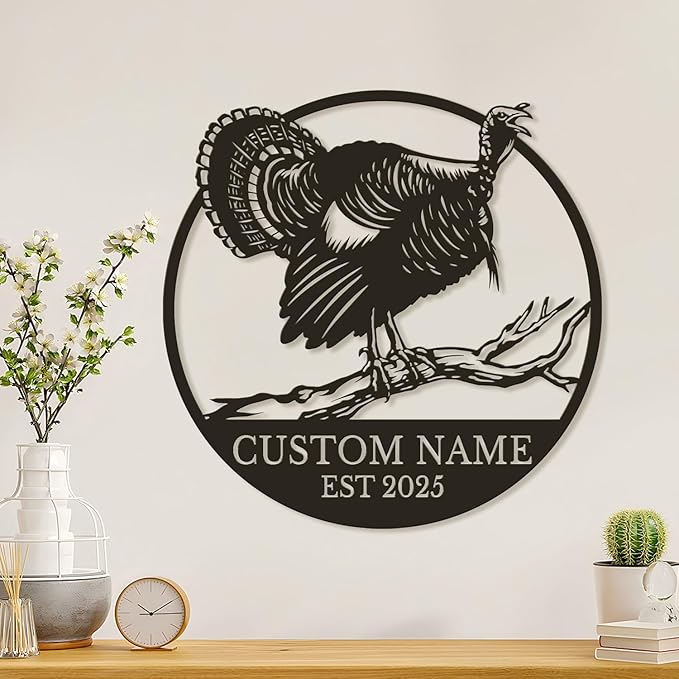 Personalized Turkey Metal Wall Art, Custom Hunting Cabin Sign, Wild Turkey Farmhouse Decor, Rustic Lodge Wall Hanging, Turkey Hunter Gift, Thanksgiving Home Decoration (Style-2)
