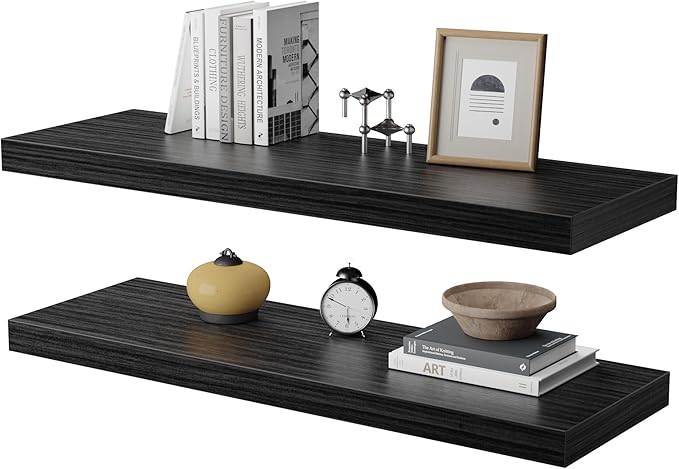 Large Floating Shelves for Wall Set of 2 Wooden Wall Shelves 24 in x 12.75 in x 2 in Room Decor Long Shelf with Invisible Wall Mount Bracket for Bedroom Kitchen Living Room Black Wood