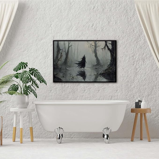 JFHCQJPK Vintage rustic swamp witch poster dark moody wall art gothic horror season halloween print for home decor retro dark moody painting8x12in Metal blackFramed