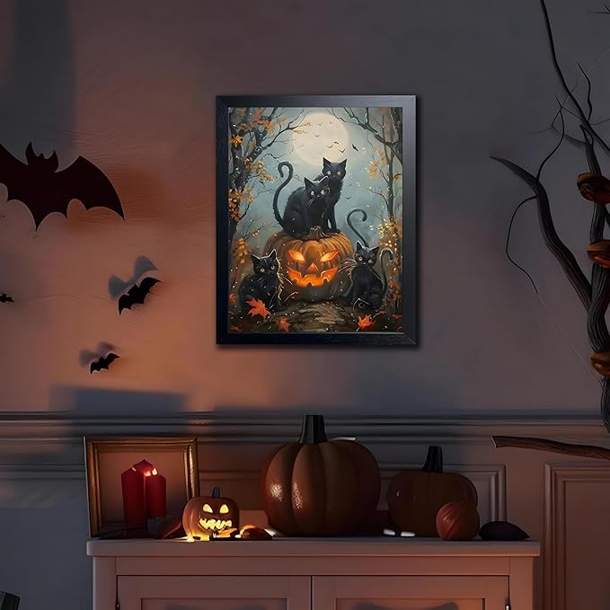 Halloween Black Cat Wall Art, Dark Academia Spooky Pumpkin Poster Wall Decor, Vintage Gothic Witchy Cat Canvas Print, for Bedroom Living Room Aesthetic Decor 12x16 Inch Wood Framed