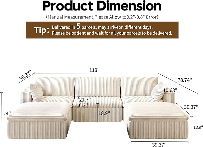 118" U Shaped Modern Sofa Modular Sectional Cloud Couch with 2 Ottoman,Upholstered Couches with Corduroy Fabric for Living Room Furniture,Bedroom and Apartment,No Assembly Required,White