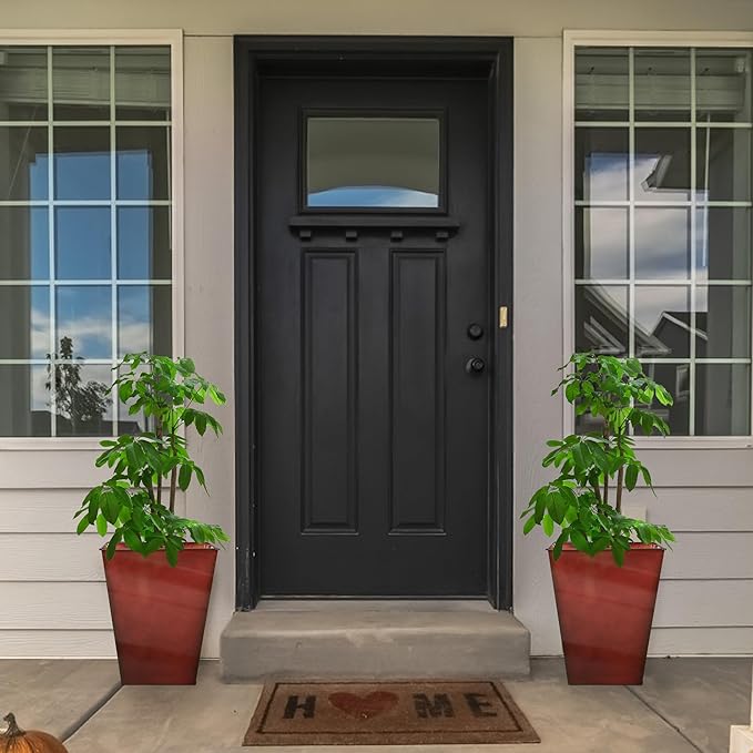 KOL 18''H. Bright Glazed Planter with Drainage Hole, Set of 2, Galvanized Steel Planter Pots for Indoor & Outdoor Use, Decorative Flower Plant Pots for Front Porch, Patio, Deck - Reddish Brown