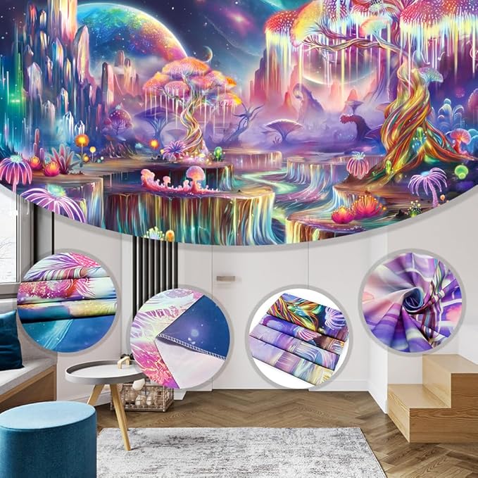 Obsecolors Blacklight Tapestry Fantasy Tree of Life Tapestry UV Reactive Galaxy Space Tapestries Colorful Plant Floral Mountain Landscape Tapestries Wall Hanging for Bedroom