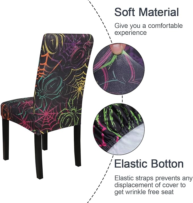 JQinHome Spider Halloween Chair Slipcover,Web Black Chair Covers Set of 4, High Stretch Washable Chair Protector Cover for Dining Room, Kitchen,Home Party,Wedding Ceremony(Spider,4PC)