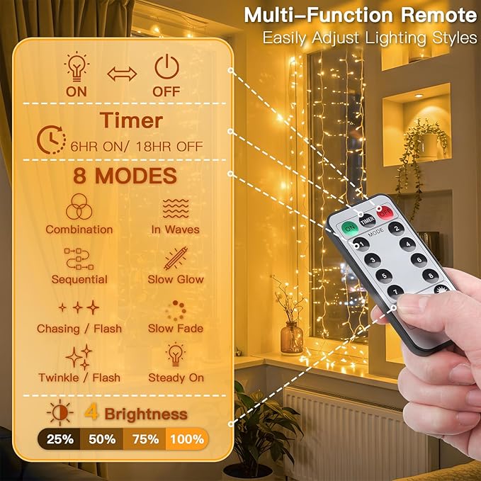 suddus Curtain Lights for Bedroom, 90 Led Hanging String Light Outdoor, Fairy Curtain Lights Indoor for Christmas, Dorm, Wall, Backdrop, Window, Wedding, Party, Birthday Decor, Warm White